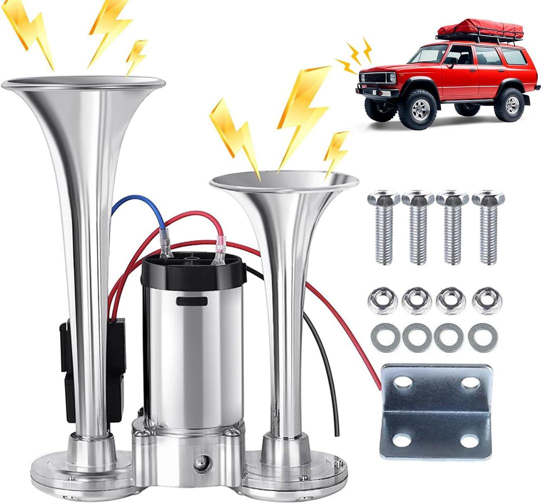 12V 600DB Air Horn Super Loud Train Horn for Truck, Dual Trumpets Kit with Air Compressor, Car Accessories Universal for Car, SUV, Motorcycle, Truck, Lorries, Boat, Gift for Men, Him (Silvery)