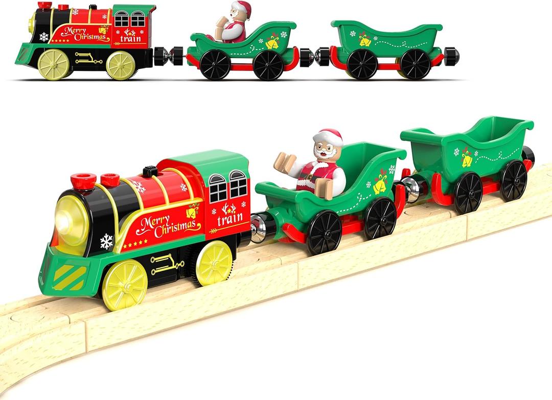 Electric Train Set for Wooden Tracks, Battery Powered Trains Toy with Lights & Sounds for Toddlers, Motorized Train for Kids Compatible with Thomas & Friends, Brio, Chuggington