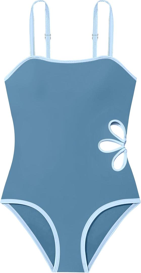 Shallmu Girls Swimsuit Color Block Adjustable Straps One Piece Summer Bathing Suit for Girls 9-10Years