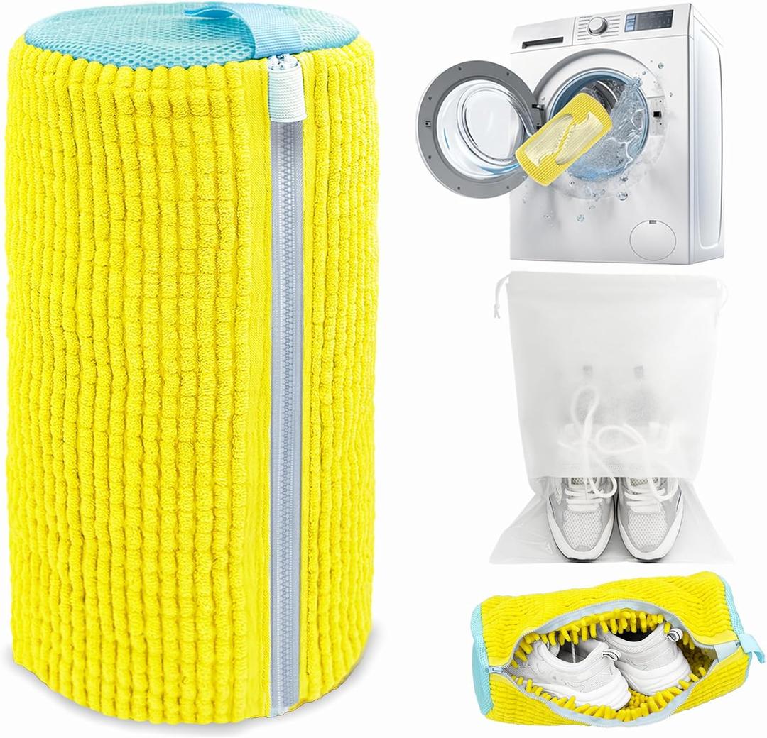 Shoe Washing Machine Bag,Laundry Shoe Bag for Washer and Dryer,Reusable Shoe Cleaning Bag for Sneakers,Tennis Shoes,With Self-locking Zipper, Microfiber Inside,Include Shoes Storage Bag (Yellow(1PC))
