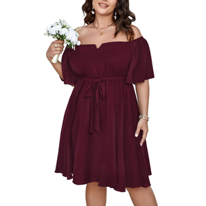 SCOMCHIC Womens Plus Size Cocktail Dress Summer Off Shoulder Short Sleeve Flowy Ruffle A-Line Cute Mini Dress with Belt, Size 3XL