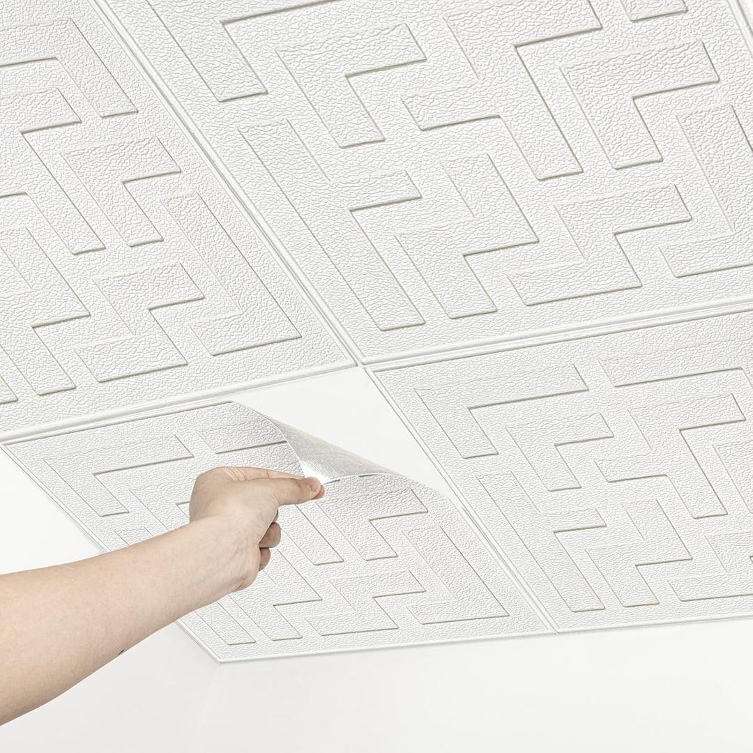 Ceiling Tiles Peel and Stick Foam-32 Pcs, Covered 42 Sq.Ft-3D Wall Panels Peel and Stick- Easy to Install and Cut for Ceiling and Interior Wall Decor 13.8 x 13.8 inch (White)
