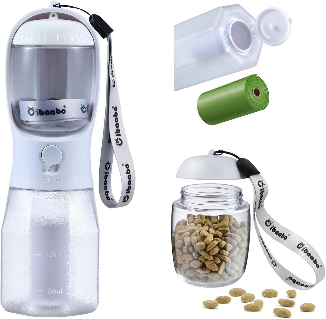Cibaabo Dog Water Bottle with Food Container & Poop Bag Holder, Travel Water Bowl, Portable Pet Dispenser, Dog Gifts Stuff Accessories Items, Puppy Essentials for Yorkie Chihuahua Walking Hiking (12oz, #08 White)