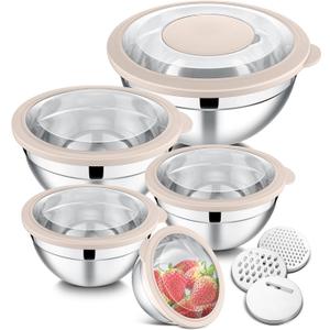 E-far Mixing Bowls Set of 5, Stainless Steel Salad Mixing Bowl with Transparent Lid, Metal Nesting Bowl Attach with 3 Graters for Kitchen Prepping/Serving/Baking/Storage, 4.6/2.6/1.5/1/0.7 QT - Khaki