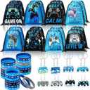 Talltalk 48 Pcs Video Game Party Favors Bulk with 16 Blue Black Video Game Gift Drawstring Backpack Goodie Bags Snacks Candy Bag 16 Wristband 16 Keychain for Play Birthday Party Supplies Decorations