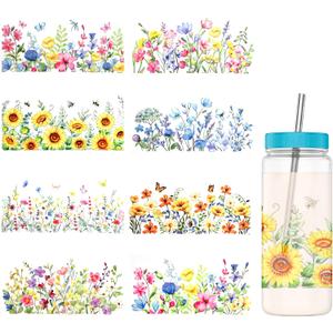 8 Pcs Rub on Transfers for Crafts Sunflower Rub on Stickers Cup Wraps, Transfer Stickers for Glass Cups, Daisy Patterns Colorful Waterproof Flower Wraps for 16oz Glass Cups DIY Crafts