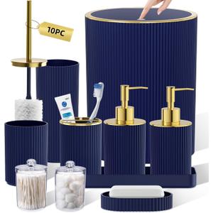 Navy Blue Bathroom Accessories Set, 10PC Bathroom Set, Bath Accessory with Pop Up Trash Can, Soap Dispenser, Toilet Brush, Toothbrush Set Qtip Holders & Tray