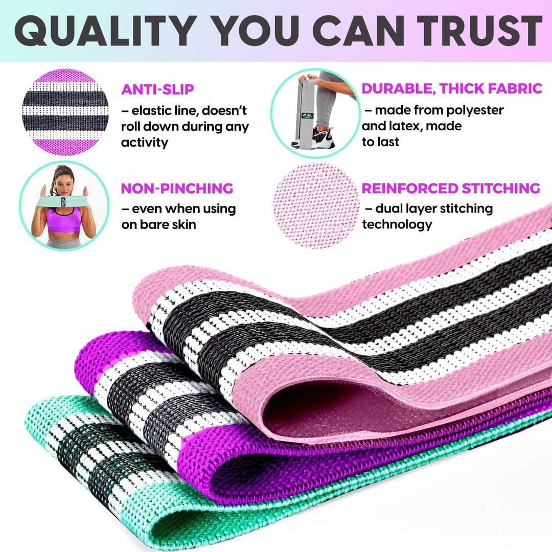 Fabric Resistance Bands for Women & Men 3 Durable Exercise Bands for Working Out, Non-Slip & Non-Pinching Workout Bands Multiple Resistance Levels Booty Bands for Legs Butt Glutes Hips Abs & More. (Pink, Purple, Aqua, )