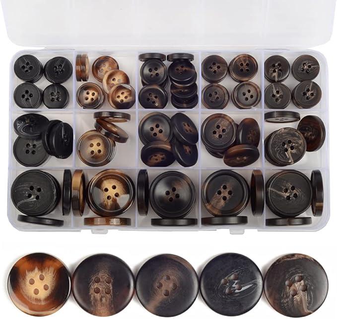 110-Piece Resin Sewing Buttons Set, 4-Hole Round Buttons, 15mm/20mm/25mm, 5 Colors for Blazers and Coats Brown/Black