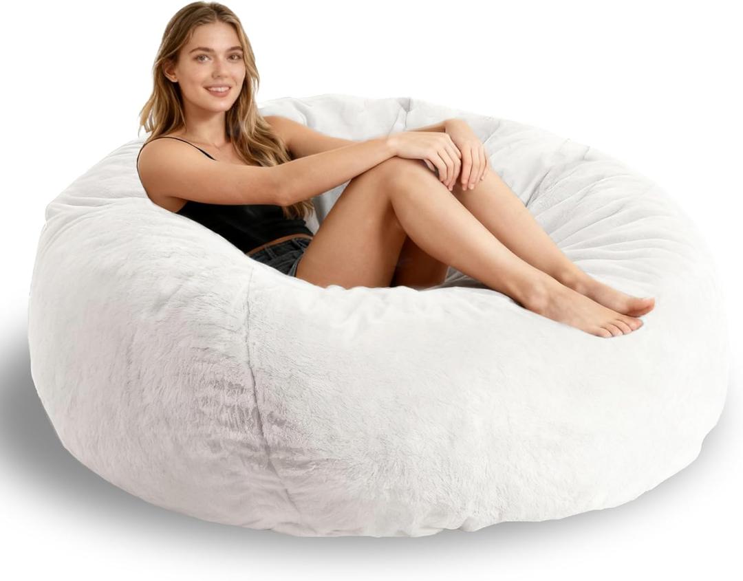 Faux Fur Comfy Bean Bag Chair Cover (No Filler), Fluffy Stuffed Animal Storage Bean Bag Covers Large Sofa for Adults, Premium Furry Fuzzy Chair for Living Room Bedroom, Beige