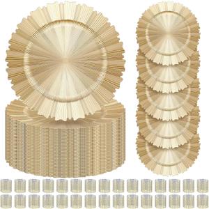 60 Pieces Charger Plates Bulk with Napkin Rings,Gear Style,Light Gold