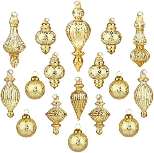 Glass Christmas Ball Ornaments Mercury Glass Drop Ornaments Holiday Trees Wreaths & Garland Decor Gold Color Size: 1.57''-5.39''(17 Pieces)