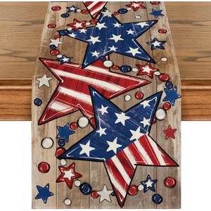Artoid Mode Wood Stars Beads America Patriotic 4th of July Table Runner, Memorial Day Kitchen Dining Table Decoration for Home Party Decor 13x120 Inch