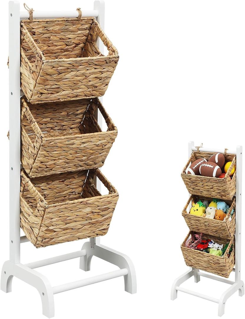 Menkxi Wicker 3 Tier Foldable Storage Basket Floor Rack with Market Storage Basket Water Hyacinth Storage Rack Hand Woven Laundry Rack for Bathroom Kitchen Laundry Room Living Room Storage(White), 11.8"D x 14.2"W x 36"H