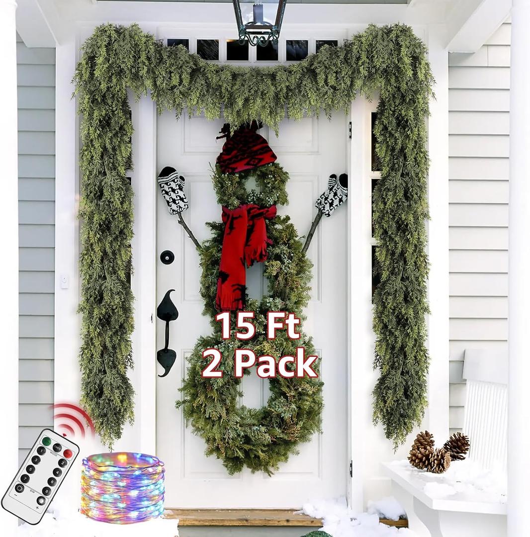 Cedar Christmas Garland with Lights for Mantle - 2 PACK Decorations 15ft Realistic Lighted Faux Pine Garlands for Xmas Home Decoration Indoor Stairs Railing Fireplace Outdoor Prelit Garland Door Decor