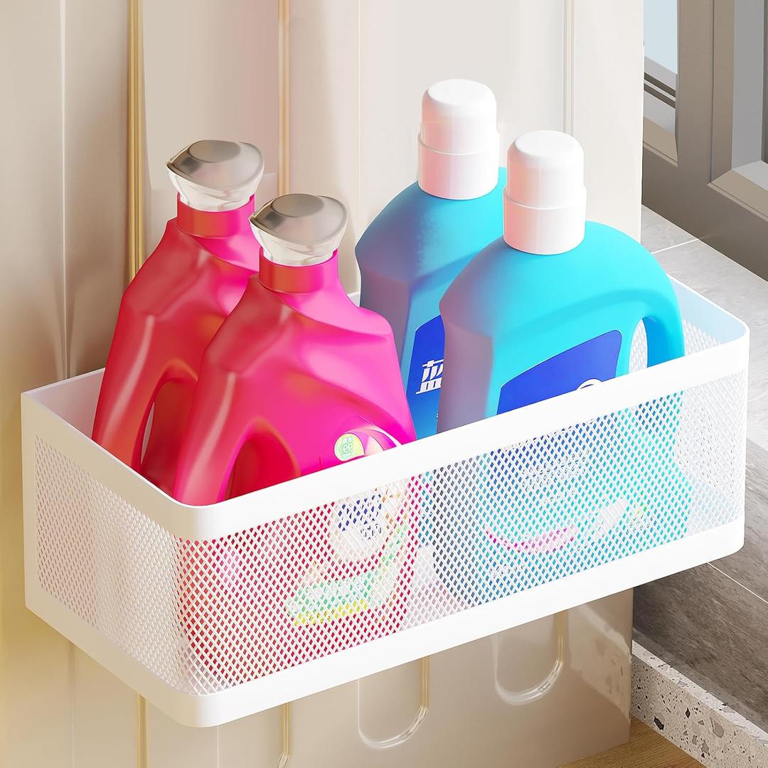 Magnetic Shelf for Washing Machine Laundry Room Magnetic Organizer Laundry Shelf Organizer Washing Machine Shelf Hanging Basket Storage Magnetic Fridge Shelves (White, L11in*W4.9in*H3.9in)