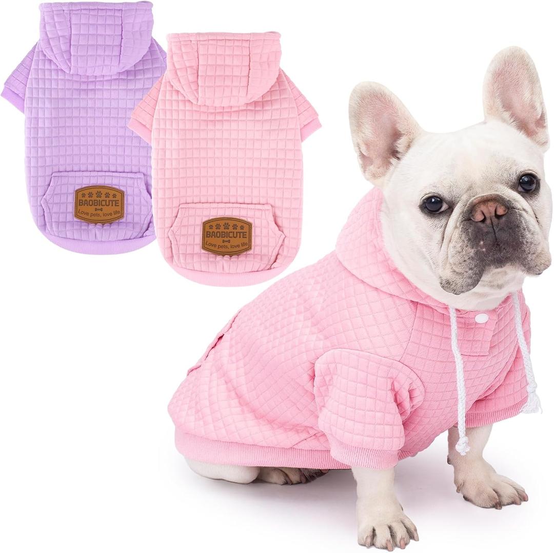 2 Pack Dog Hoodie Sweaters for Small Medium Dogs Warm Dog Clothes for Large Dogs Soft Waffle-Like Laminated Sweatshirt Bulldog (Pink+Purple, L (Back: 19",Chest: 28", Neck: 17.5"))