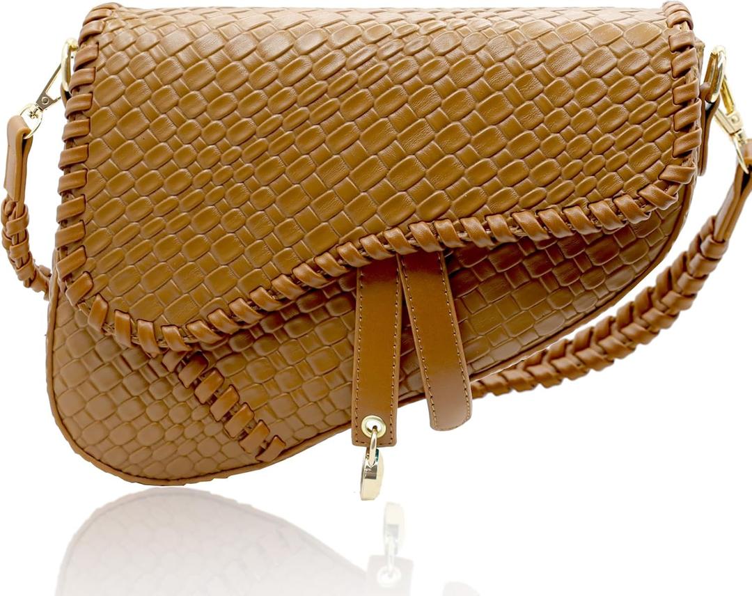 Fashion Women Saddle Shoulder Bag Clutch Purse Small Crossbody Satchel Handbag Woven Imitation Crocodile Leather Bag (Khaki Large)