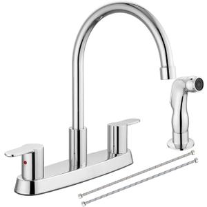 8 Inch Centerset Kitchen Faucet for Sink 3 Hole Dual Handle Kitchen Sink Faucets High Arc 360 Degree Rotating Spout with Supply Lines, Polished Chrome, with Side Sprayer