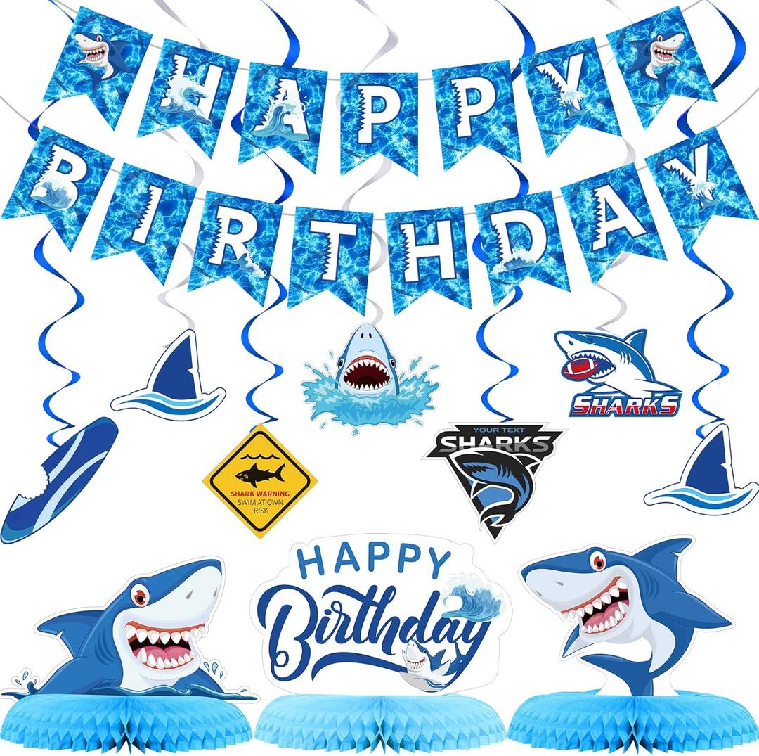 28 Pieces Shark Party Supplies Set Includes 12 Hanging Swirls Shark Happy Birthday Banner 12 Hanging Cutouts 3 Birthday Honeycomb Centerpiece for Party Decorations