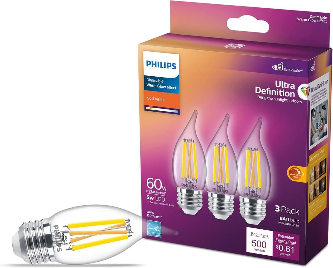 40W BA11 E26 Base 3-Pack Ultra Definition Soft White (2700K) 300 Lumen (3.5W = 40W) Dimmable Clear Flicker-Free Candelabra Light Bulbs