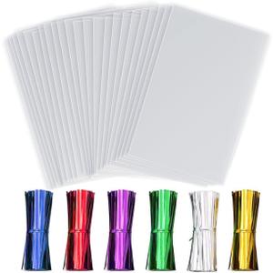 50 Pcs Clear Cellophane Bags,9 X 12 Inches Clear Cellophane Treat Bags with 6 Mix Colors Twist Ties for Gift Baskets Wedding, Chocolate, Party Favor Baby Showers, Bakery, Toy Wrapping