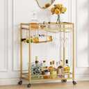 Lifewit Bar Cart, Home Serving Cart with 2 Tier Glass Shelves, Liquor Rolling Cart with Lockable Wheels, Glass Holder and Wine Rack, Beverage Cart for Kitchen Dining Living Room, Gold