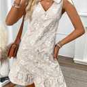 WDIRARA Women's Floral Textured Bow Tie Shoulder Short Dress Ruffle Sleeveless V Neck Tank Dresses (Beige, S)