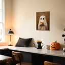 Cute Ghost Drinking Coffee Wall Art Spooky Ghost Halloween Kitchen Wall Decor Picture Gothic Dark Academia Canvas Painting Print for Bedroom Living Room 24x16 inch Wood Framed