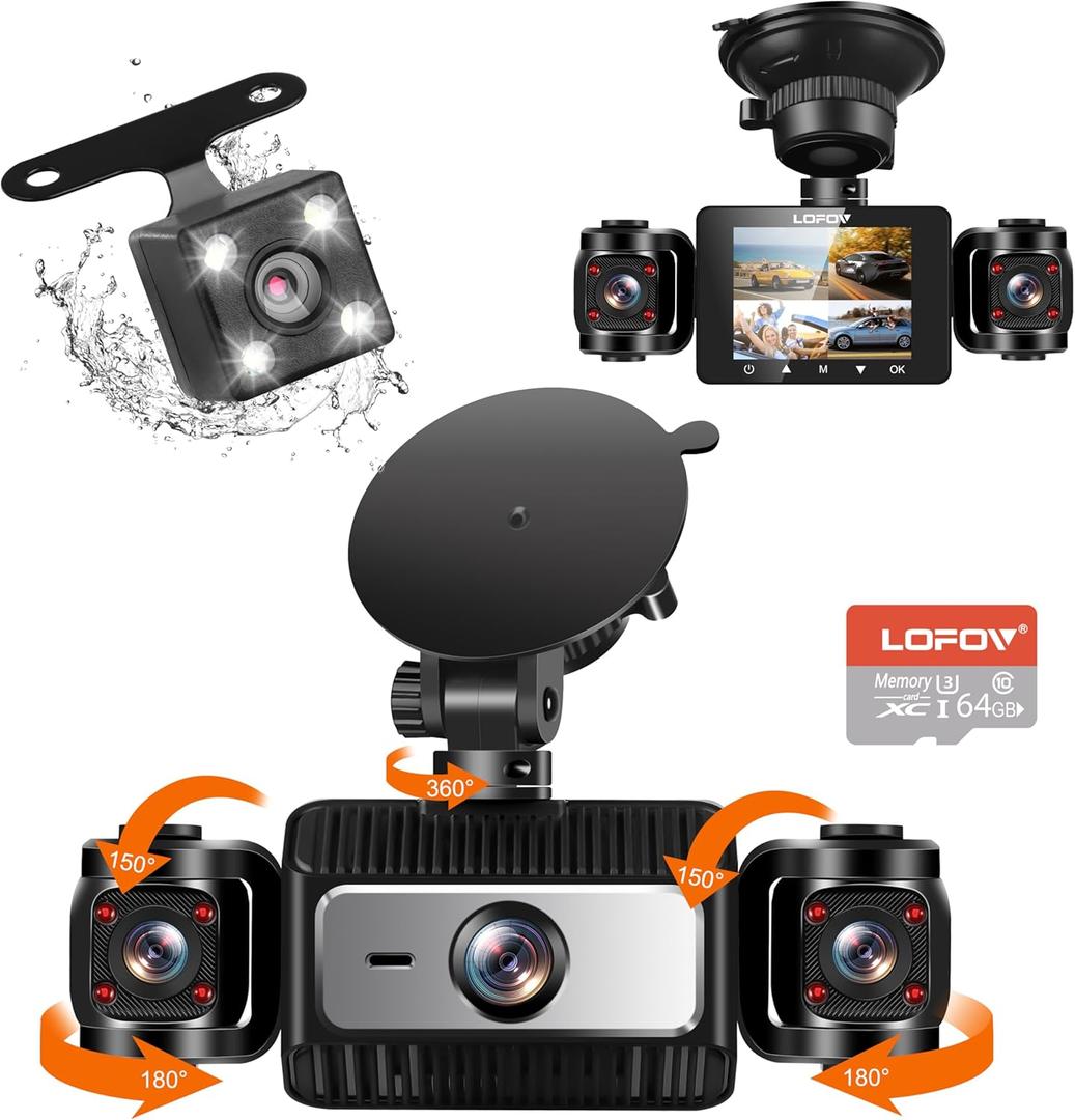 4 Channel Dash Cam 360 View, LOFOV 1080P Front and Rear Inside, Left Right Dash Camera for Cars, Free 64GB SD Card,Multi-Ch Dash Camera, Black Box Trafflc Recorder,Night Vision,24H Parking Mode