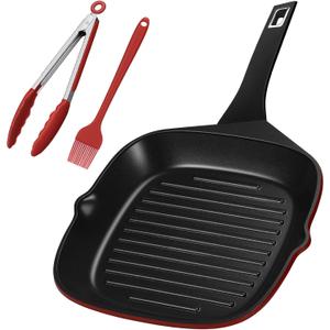 11 Inch Nonstick Grill Pan, Square Large Grilling Skillet Steak Pan for Stove Tops, Granite Coating Grill Skillet with Pour Spouts, PTFE & PFOA Free, Durable Grilling Pan for Indoor & Outdoor