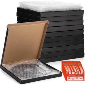Janlaugh 10 Sets Vinyl Record Mailers 12.8x12.8 x 1.1"shipping Boxes Simple Fold Corrugated Cardboard Box with Fragile Stickers and Bubble Bags for Packing Shipping Moving Storage Mailing (Black)