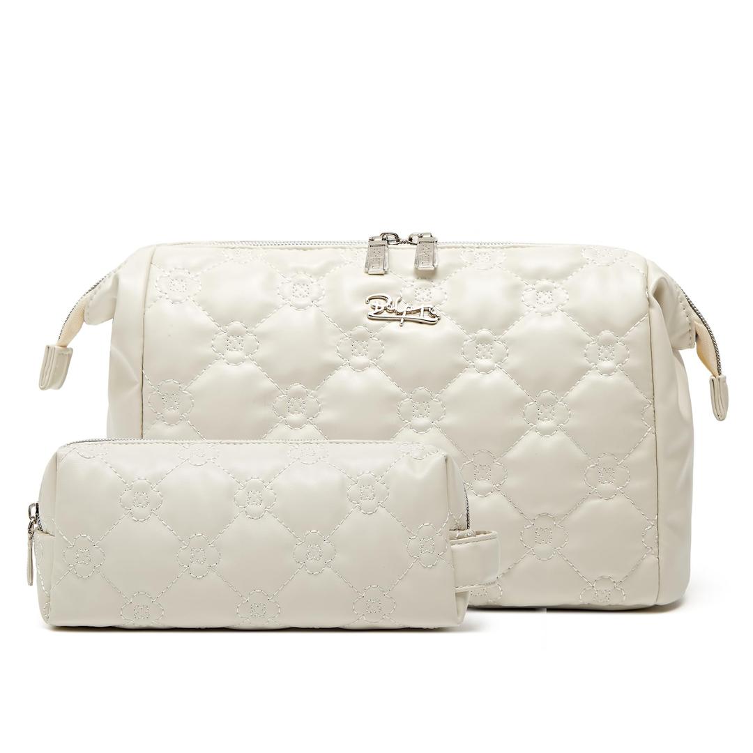 BOYATU Travel Makeup Bag Cosmetic Pouch: 2 Pcs Set Waterproof Vegan Leather Cosmetic Bags for Women - Cute Quilted Skincare Make up Toiletry Bag for Girl (05-White)