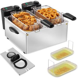 Deep Fryer with 2 Baskets and Oil Filtration System, 7.4 Quart 3000W Electric Deep Fryer for Family, View Window and Odor Free Filter, Adjustable Temperature, Stainless Steel Fryer Pot with Basket