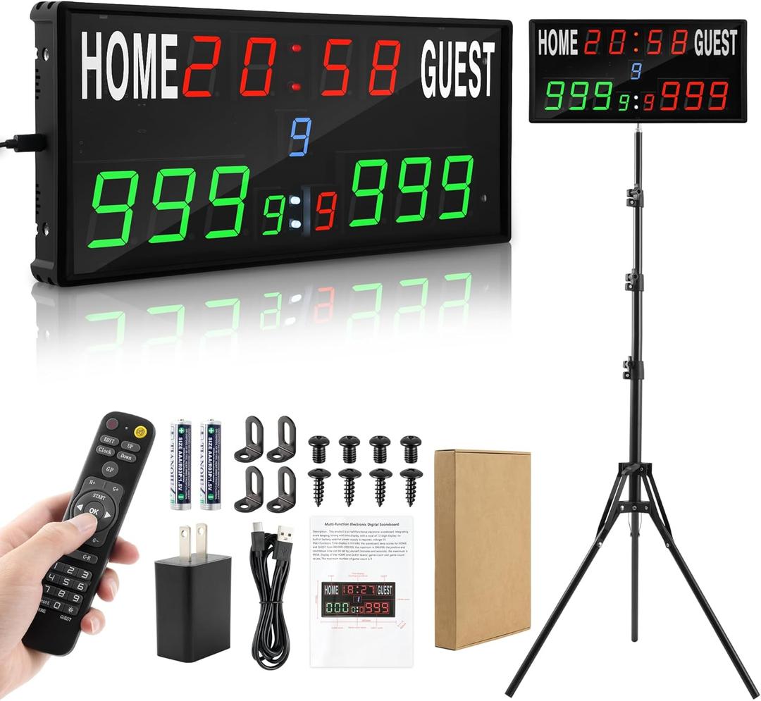 Upgraded Electronic Scoreboard Digital Score Keeper with Remote & Tripod, Basketball Scoreboard Sports Score Ticker with Timer 12/24h Real Time for Football/Corn Hole/ping Pong/Table Tennis