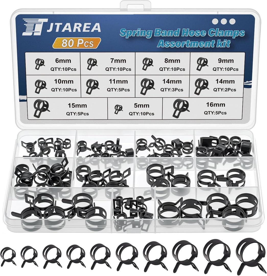 Spring Band Hose Clamps Assortment Kit 10Sizes 80Pcs 5mm 6mm 7mm 8mm 9mm 10mm 11mm 14mm 15mm 16mm Hose Clamp Abrazaderas