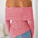 ZESICA Women's Fall Floral Off Shoulder Tops 2025 Mesh Long Sleeve Shirts Asymmetrical Ruched Tee Blouses Trendy Outfits (Pink, XL)