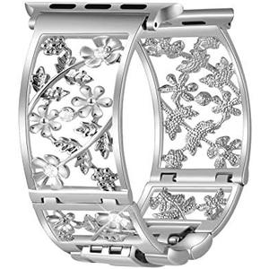 Duoan Floral Band Compatible with Apple Watch Jewelry Band 38mm 40mm 41mm 42mm iWatch Bands Series 10 9 8 7 SE,Bling Crystal Bracelet Hollow Metal Strap,Fashion Women Wristband(38/40/41/42mm,Silver)