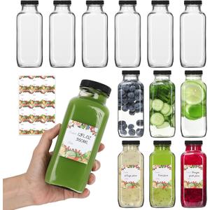 Alotpower 12 oz Glass Juice Bottles with Lids 12Pack, 360ml Square Reusable Drinking Bottles for Juicing, Water, Kombucha Juices, Milk, Beverages and More (12fl.oz, Set of 12)