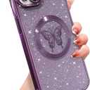 for iPhone 13 Case Magnetic,Soft Cute Luxury Butterfly Pattern Plating Glitter Bling Phone Case Compatible with MagSafe Clear Shockproof Back Cover for Women Girl 6.1"-Purple