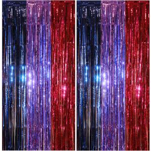 2 Pack Purple Blue and Red Foil Fringe Curtains for K-pop Themed Birthday, 3.3x6.6 ft Tinsel Backdrop for Demon Hunting Party Decorations  Extra Wide Adhesive Tape & Reusable Thick Streamers
