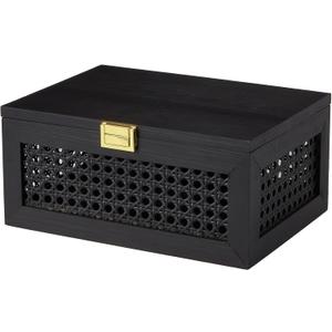 Decorative Rattan Storage Boxes Solid Wood Woven Baskets Bins with Lid Keepsake Memory Jewelry Box Natural Boho Shelf Wicker Closet Desk Organizer Container (Black, Large Size)