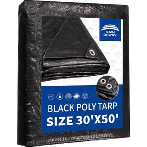 RAINDEWAY Large Tarp 30x50, 8 Mil Thick, Black Tarps Heavy Duty Waterproof, UV Resistant, Cover with Metal Grommets and Reinforced Edges, Finished Size