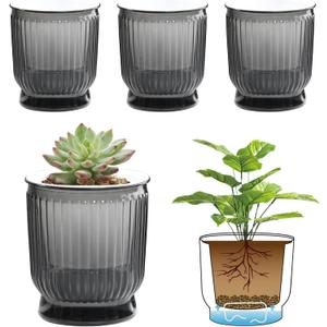 T4U 4 Inch Self Watering Plant Pot, 4 Pack Self Watering Pots, Small Self Watering Planter with Reservoir for Indoor Plants, African Violets (4 Pack 4" Pots, Translucent Gray)