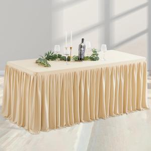 Dark Champagne Polyester Table Clothes for 8 Foot Rectangle Tables, Wrinkle Free Fitted Table Cover 8ft Stretch Tablecloths with Skirt for Parties Weddings Birthday Banquet Baby Shower