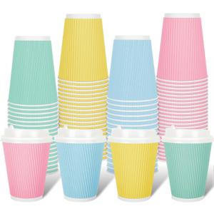 Whaline 100 Pcs Spring Pastel Color Disposable Coffee Cups with Lids Paper Cups 12 Oz Yellow Pink Blue Green Corrugated Ripple Wall Insulated Hot Cup for Spring Summer Home Office Party Supplies