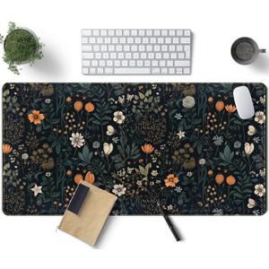 Cute Dark Floral Desk Mat Vintage Flowers Plant Mouse Pad XXL Large Extended Gaming Mousepad Women Office Decor Desk Pad, Big Laptop Computer Keyboard and Mouse Mat with Stitched Edges, 31.5x15.7 in
