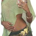 Women Sheer Poncho Top See Through Knit Shrug Mesh Blouse Off The Shoulder Pullover Summer Beach Cover Up Tops (One Size, Green)