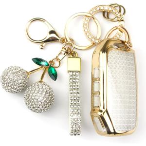 Rayslesan Sparkly Key Fob Cover with Cherry Keychain, Bling TPU Smart Key Case for Women, Compatible with Kia Cadenza Forte K5 NIRO Rio Seltos Sorento Soul Telluride (5-Button, Gold White)