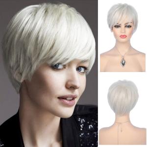 Short Cream White Wigs for Women Synthetic Natural Party Cosplay Pixie Wig with Wig Cap